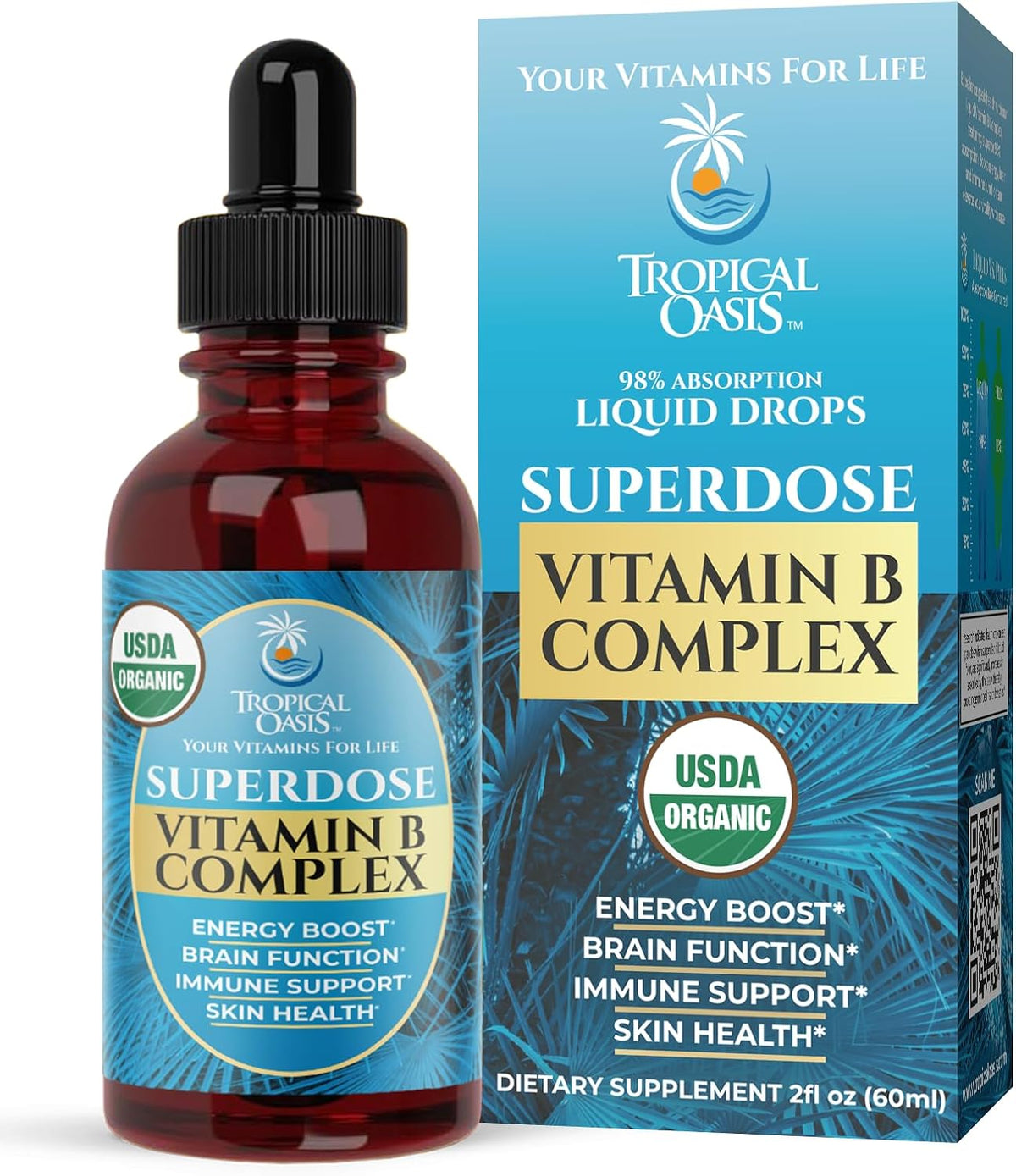 Superdose Organic Vitamin B Complex Liquid Drops - 125,000% DV Vitamin B12, Energy Support, USDA Organic, Vegan, Non-GM, 60 – Image 1