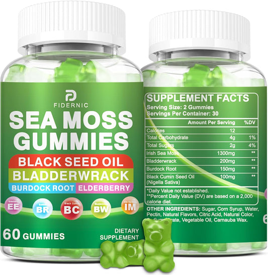 Sea Moss Gummies – Irish Sea Moss with Elderberry & Black Seed Oil, Bladderwrack, Burdock Root – Vegan Green Apple Flavour – – Image 1