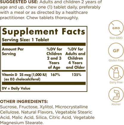 Solgar Vitamin D3 (Cholecalciferol) 25 mcg (1000 IU) Chewable Tablets, Natural Strawberry Banana – 100 Count