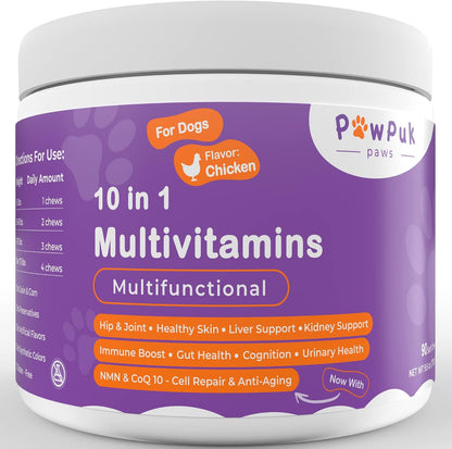 PawPuk Paws Multifunctional Dog Supplements - Silymarin, Glucosamine, MSM, Green Lipped Mussel, Salmon Oil, Probiotics, Co-Q10, NMN - Immune, Joint, Skin & Digestive Support
