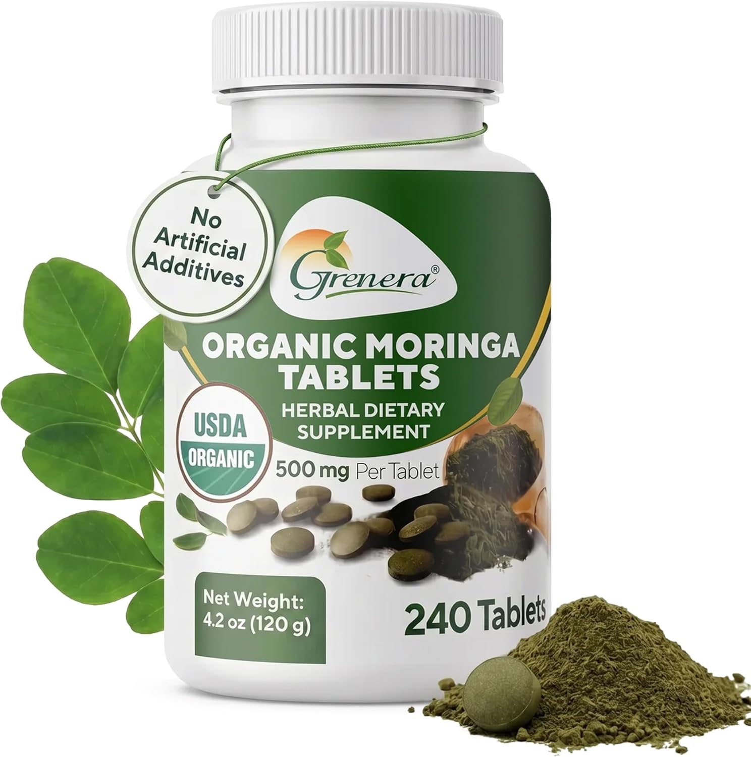 Grenera Organic Moringa Tablets - USDA Organic, 500mg, 240 Tablets - görsel 1