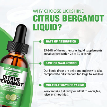 lickshine Citrus Bergamot Liquid Drops 3000mg - 2 Pack - Fast-Absorbing Liquid Supplement for Cholesterol & Immune Support, 120 mL Each