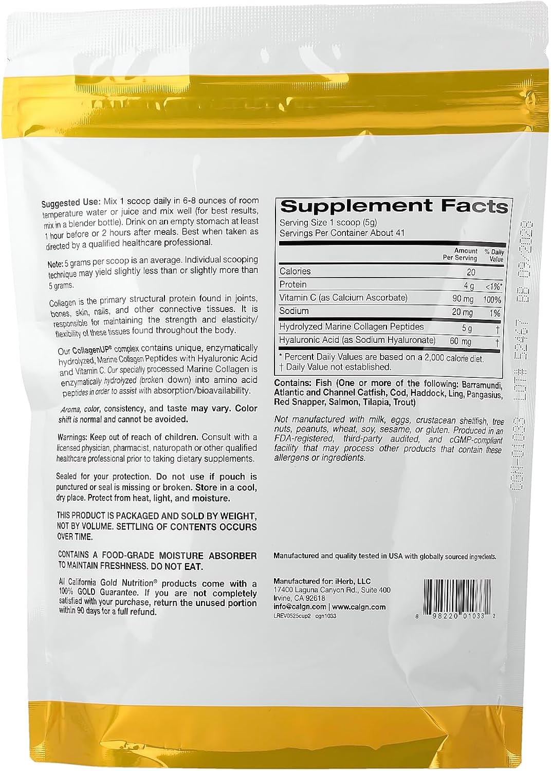 California Gold Nutrition CollagenUP®, Hydrolysed Marine Collagen Peptides with Hyaluronic Acid and Vitamin C, Unflavoured, 206 g - görsel 2