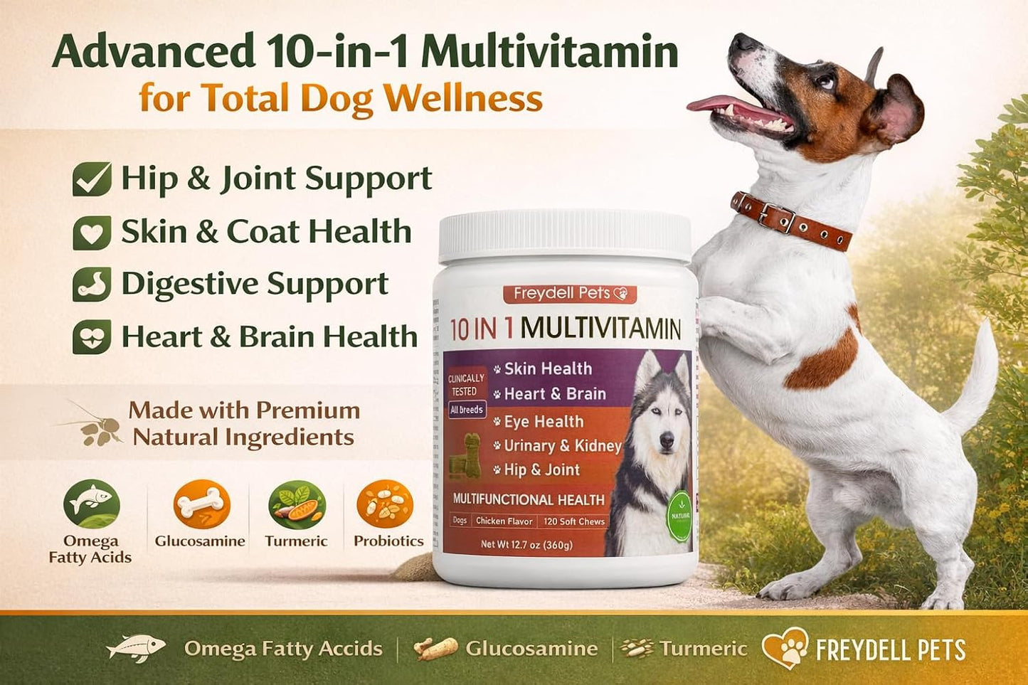 Freydell Pets 10-in-1 Multivitamin Dog Supplement – Glucosamine & Chondroitin Joint Support, Probiotics for Gut Health, Omega Fish Oil Skin & Coat, Immune & Allergy Support Vitamins (120 Chews) - görsel 4
