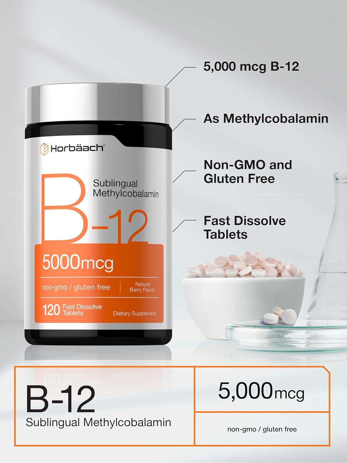 Horbäach Vitamin B12 5000 mcg Sublingual Tablets - Methylcobalamin - Natural Berry Flavour - 120 Count - görsel 4