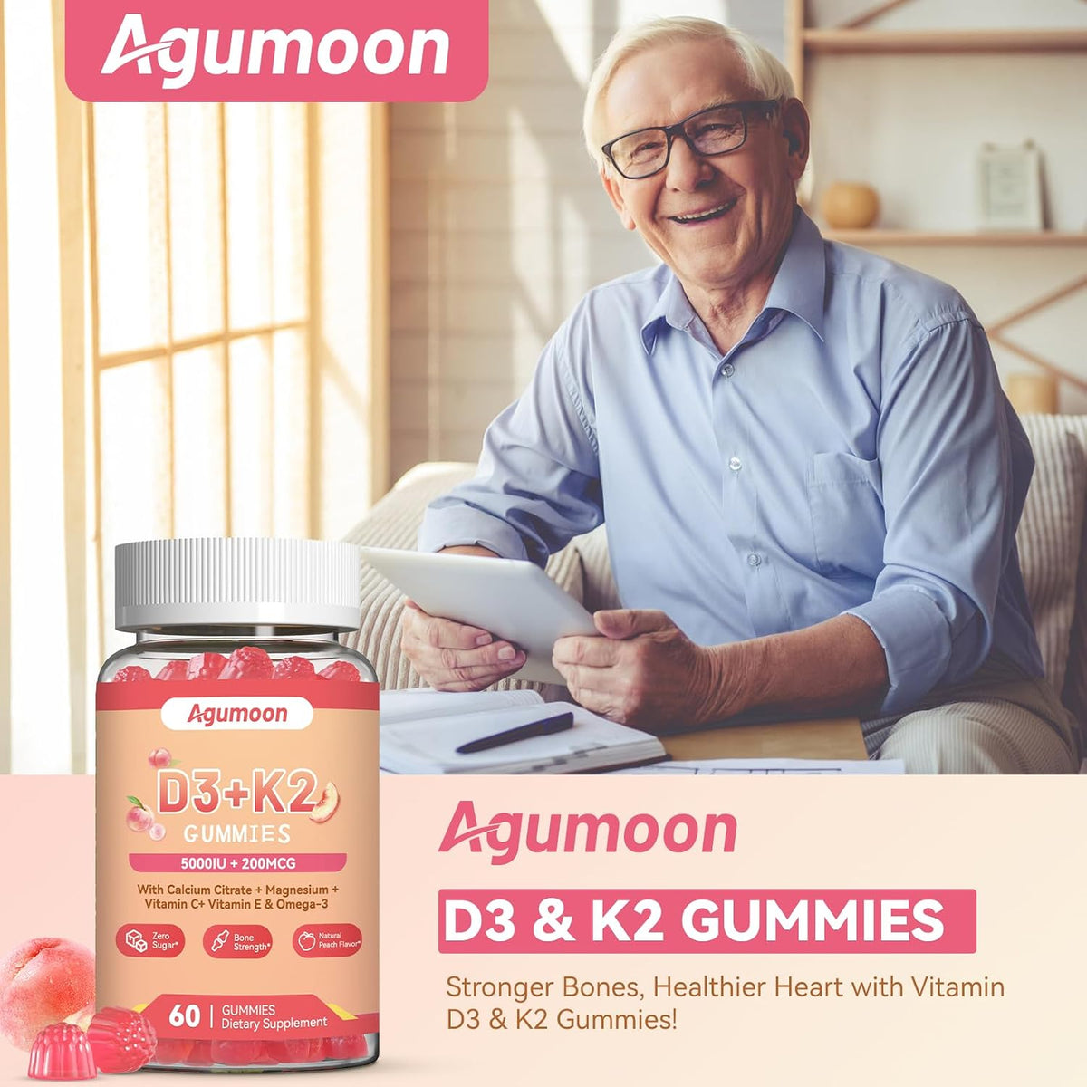 Vitamin D3 K2 Gummies for Adults - Vitamin D3 5000IU + K2 (MK-7) 200mcg, with Calcium Citrate, Magnesium Citrate, Omega-3 – Image 3