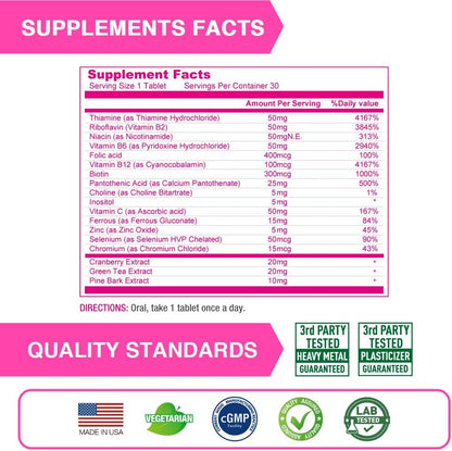 LOVITA High Potency Vitamin B Complex for Women's - Timed-release with Iron, Vitamin C, Cranberry, Pine Bark, Green Tea (Pack of 3, 90 Tablets)