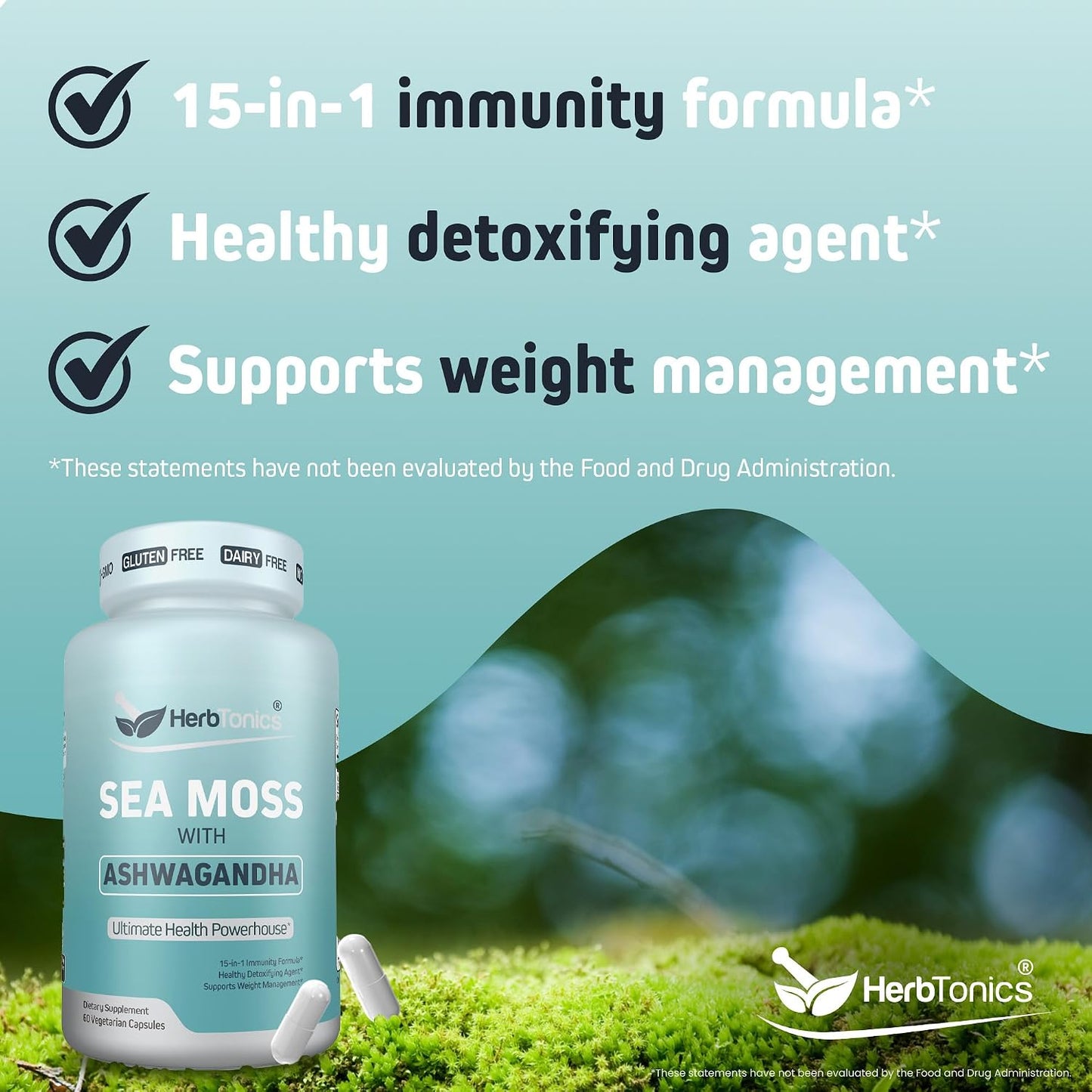 Herbtonics Sea Moss, Black Cumin Seed, Ashwagandha, Burdock Root & ACV Complex - 60 Capsules - görsel 3
