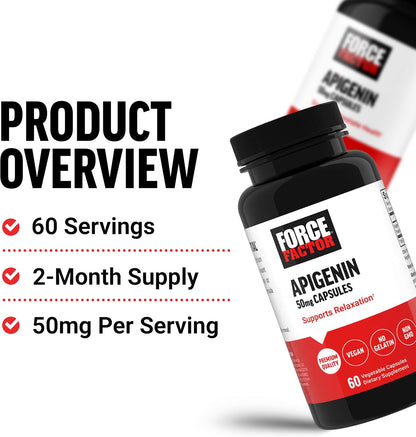 Force Factor Apigenin Supplement for Relaxation and Stress Support, Powerful Bioflavonoid and Antioxidant, Apigenin 50mg, Premium Quality, Vegan, Non-GM, 60 Capsules (Packaging May Vary)
