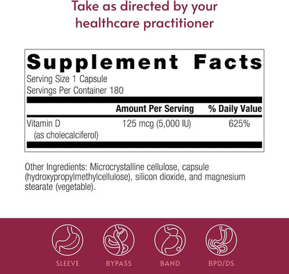 Bariatric Advantage Vitamin D3 5,000 IU – Water-Miscible Bariatric Vitamin D Capsules – Bone Health Support – 180 Capsules