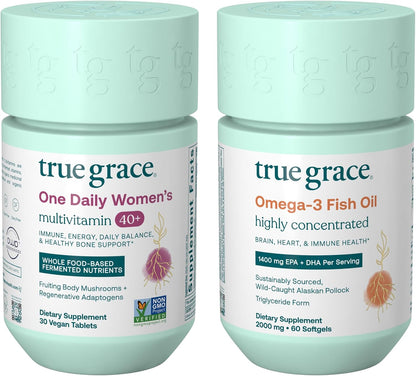 True Grace One Daily Women’s Multivitamin 40+ (30 Vegan Tablets) & Omega-3 Fish Oil (60 Softgels) - Gluten free, Soy-free, Organic - 30-Day Supply of Each