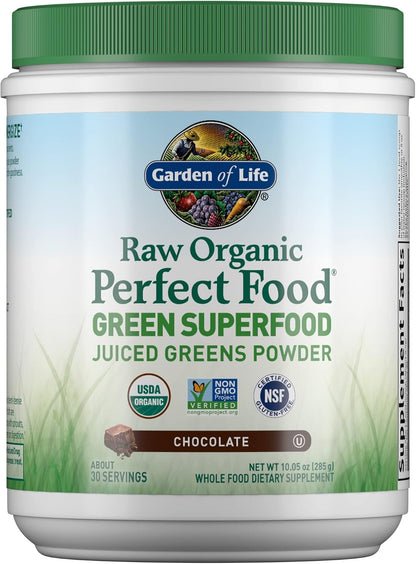 Garden of Life Raw Organic Perfect Food Green Superfood Juiced Greens Powder - Chocolate, 30 Servings - Non-GM, Gluten free, Vegan Wholefood Dietary Supplement, Plus Probiotics & Enzymes