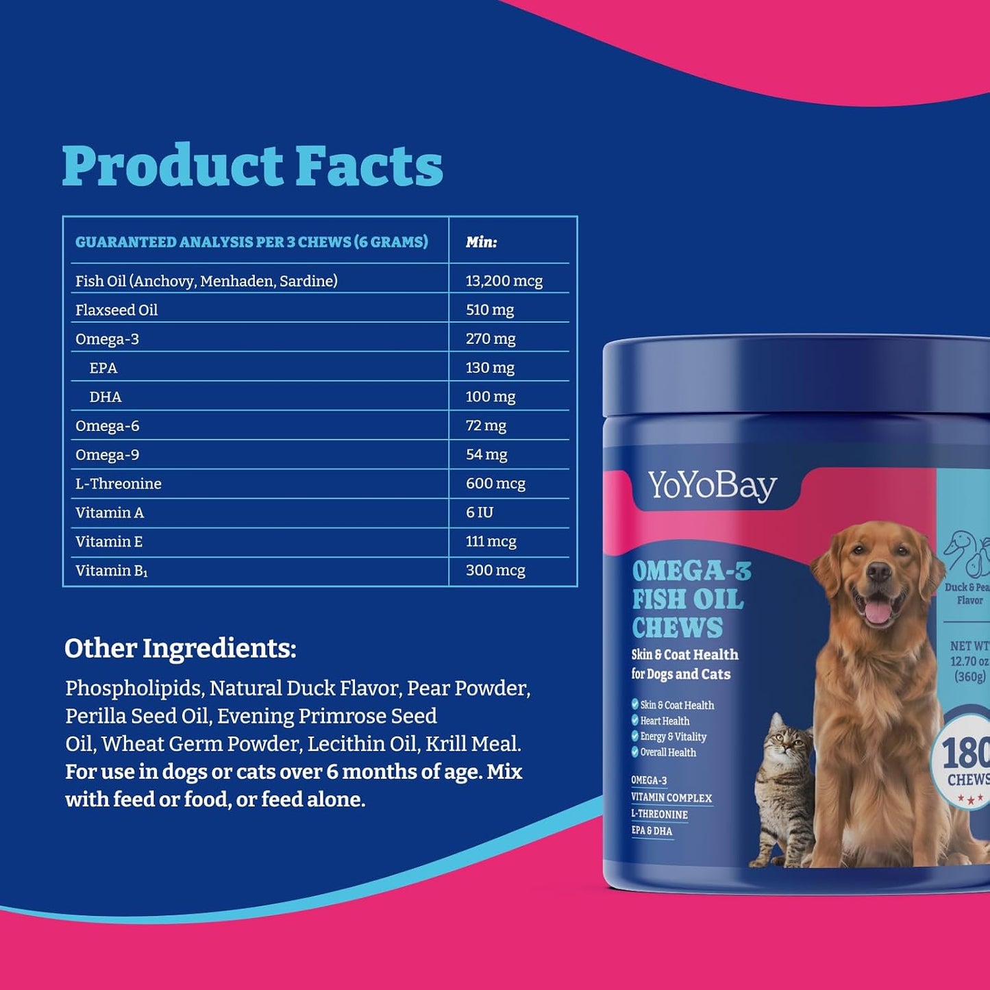 YoYoBay Fish Oil Chews for Dogs & Cats, Omega 3 Fish Oil for Dogs - Rich in Omega 3, 6, and 9 with Flaxseed Oil, EPA & DHA - 180 Soft Chews, Duck & Pear Flavour - görsel 8
