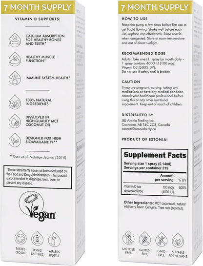 NorVita Vitamin D3 Spray 4000 IU - High Absorption Vegan Mouth Spray for Bone & Immune Support (30 ml, 215 Servings)
