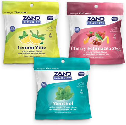 ZAND Immunity Variety 3 Pack - Lemon Zinc, Menthol, Cherry Echinacea Zinc Throat Lozenges - 50ct each – Image 1