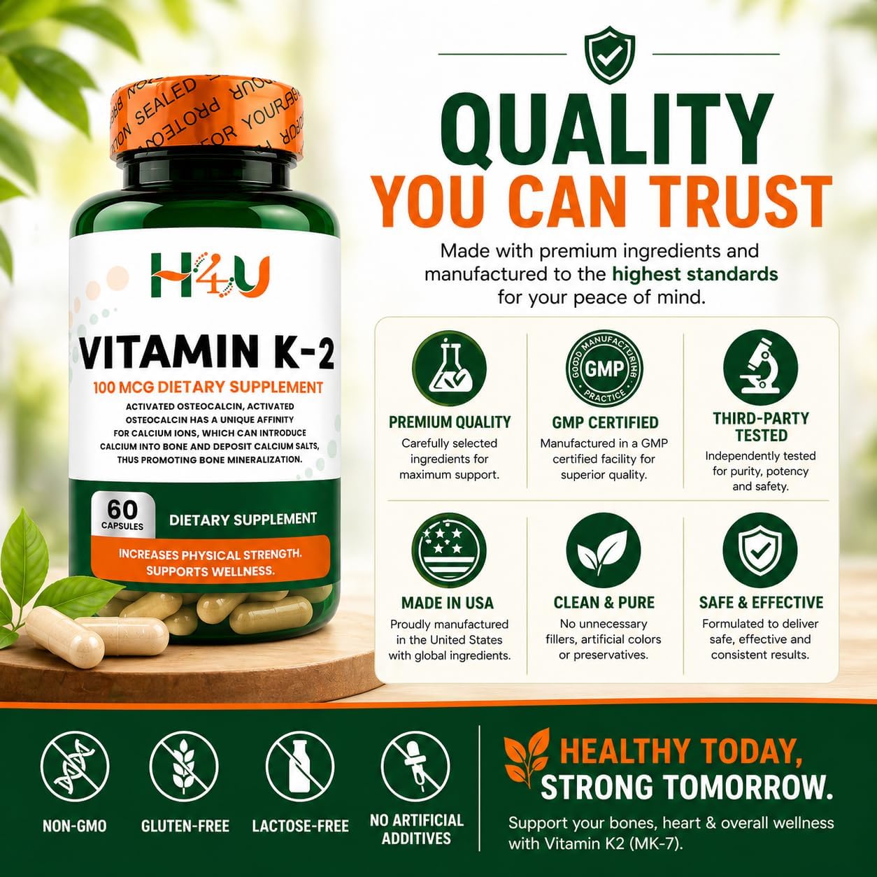 H4U Vitamin K2 MK-7 100 mcg – 60 Veg Capsules – Bone & Heart Health Support - görsel 7