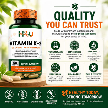 H4U Vitamin K2 MK-7 100 mcg – 60 Veg Capsules – Bone & Heart Health Support