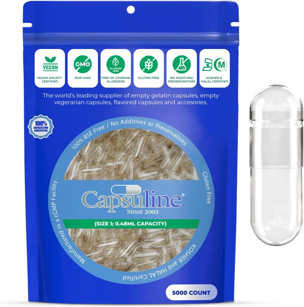 Capsuline Size 1 Clear Empty Vegan Capsules, 5000 Count - görsel 1