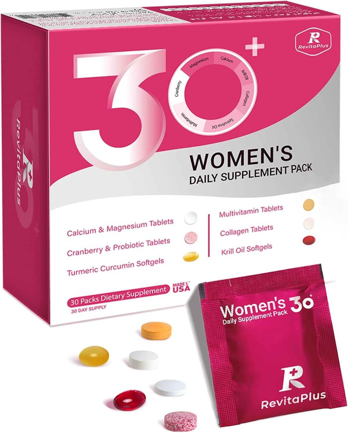 RevitaPlus Multivitamin for Women's with Vitamin A,B,C,D3,E,K2,Biotin, Collagen,Krill Oil,Cranberries Supports – Image 1