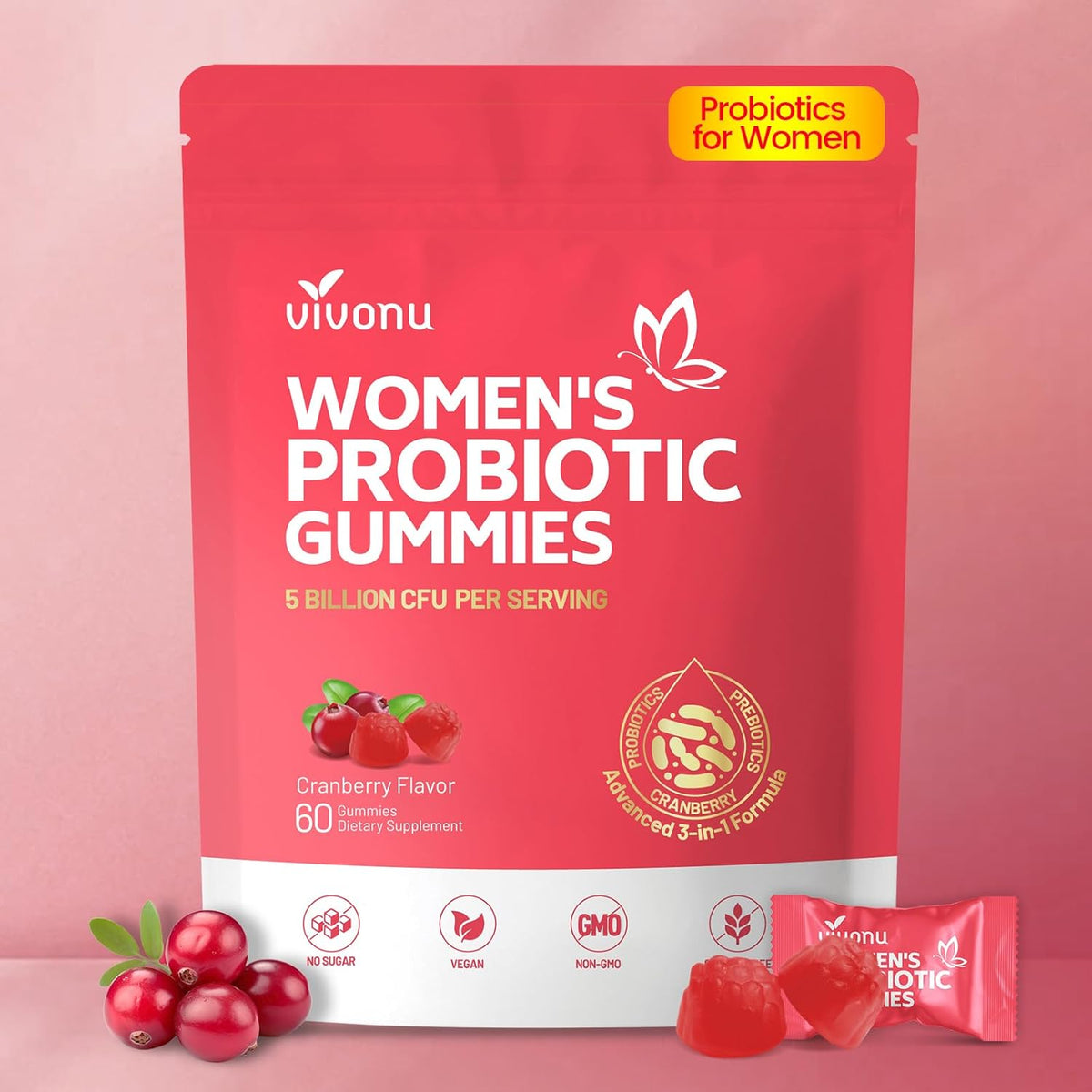 VivoNu Women's's Probiotic Gummies - Feminine Balance Support with Cranberry, 60 Count – Image 9