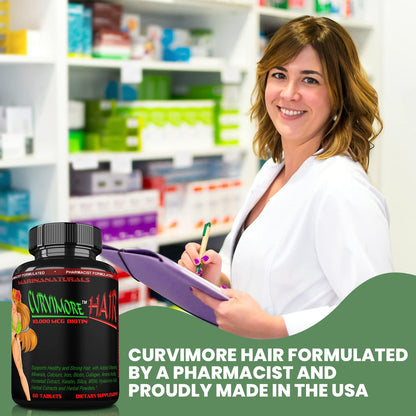 CURVIMORE Hair Growth Supplement - Biotin 10000mcg, Keratin, Collagen, Silica, Horsetail - 60 Tablets