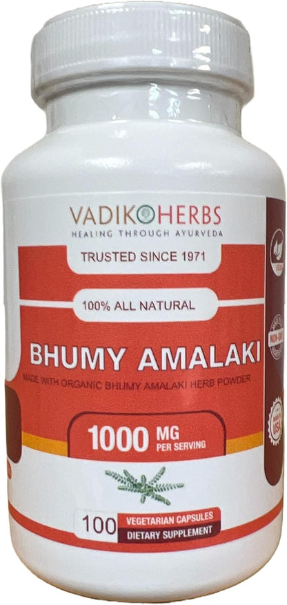 Vadik Herbs Certified Organic Bhumy Amalaki (Phyllanthus amarus) Powder 100 Veg Capsules
