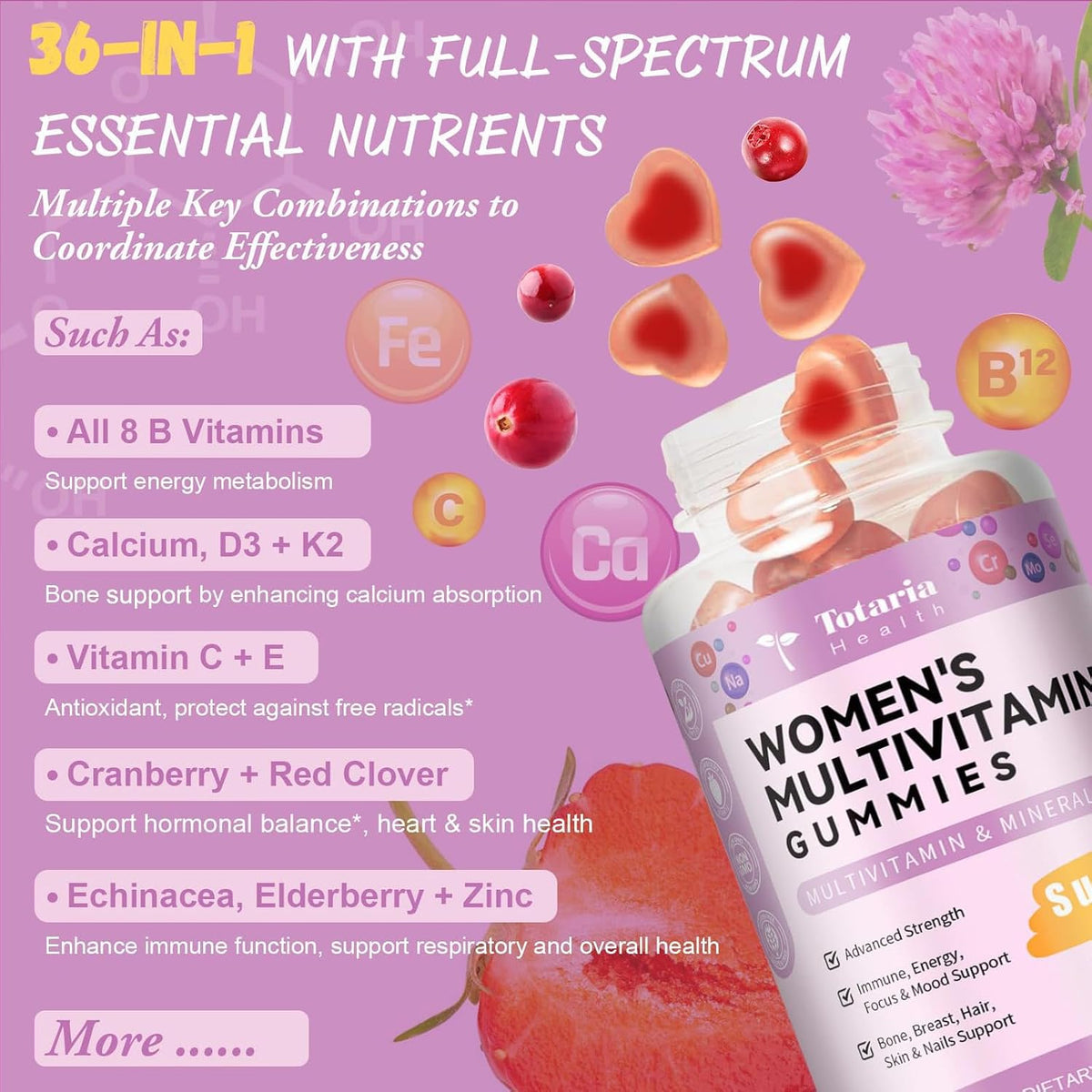 Totaria Sugar-free Multivitamin Gummies for Women's 14+ with Inositol, Iron, Folate, Biotin – Daily Multivitamin Gummy, – Image 5