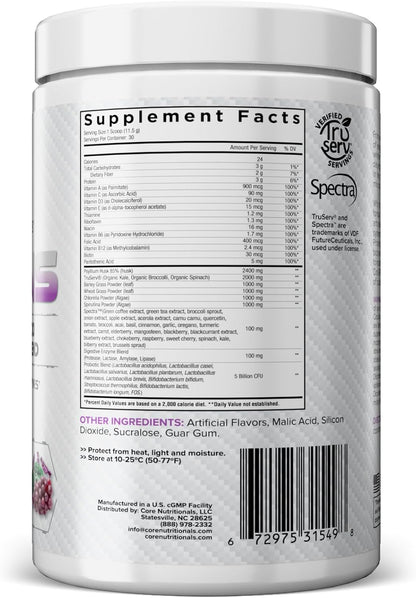 Core Nutritionals Greens | Premium Superfood Reds & Greens Blend | 5 Billion CFU Probiotics, Digestive Enzymes, and Antioxidants | 30 Serves (Grape Candy)