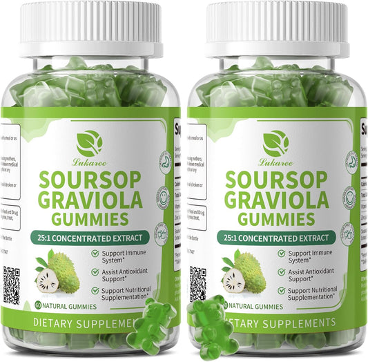 (2 Pack) Soursop Graviola Gummies - Concentrated Soursop Leaves Extract with Vitamin C and Zinc for Immune and Antioxidant Support, Sugar Free, Gluten free, Vegan, 60 Gummies