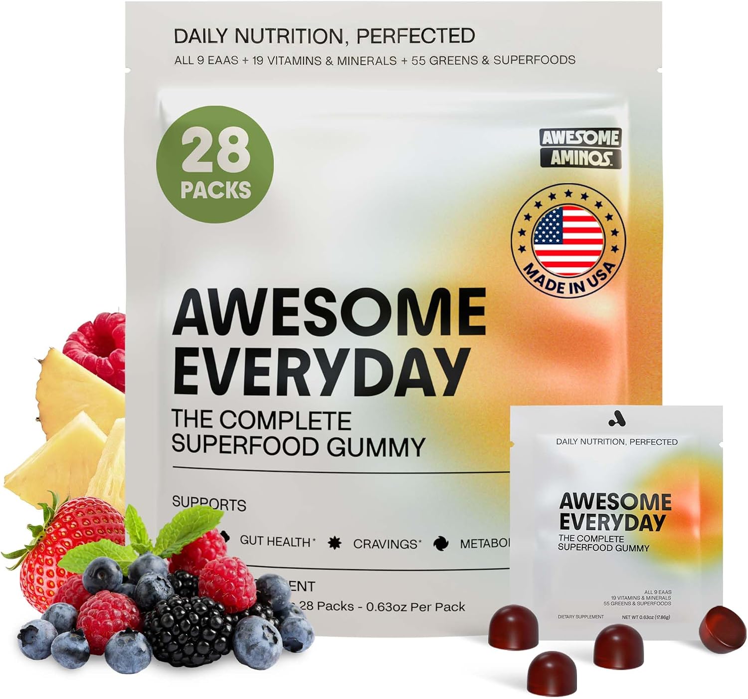 Awesome Everyday Essential Daily Nutrition Gummies - 9 Essential Amino Acids + Vitamins, Minerals & Organic Greens and Superfoods - Fermented Nutrition for Energy, Brain & Immunity – Kids – 28 Count - görsel 10