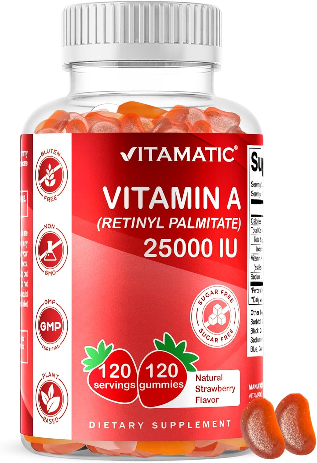 Vitamatic Vitamin A 25,000 IU Gummies – Sugar Free Retinyl Palmitate – 1 Daily Gummy, 120 Servings – Natural Strawberry Flavour – Pectin Based – 120 Count - görsel 1