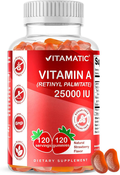 Vitamatic Vitamin A 25,000 IU Gummies – Sugar Free Retinyl Palmitate – 1 Daily Gummy, 120 Servings – Natural Strawberry Flavour – Pectin Based – 120 Count