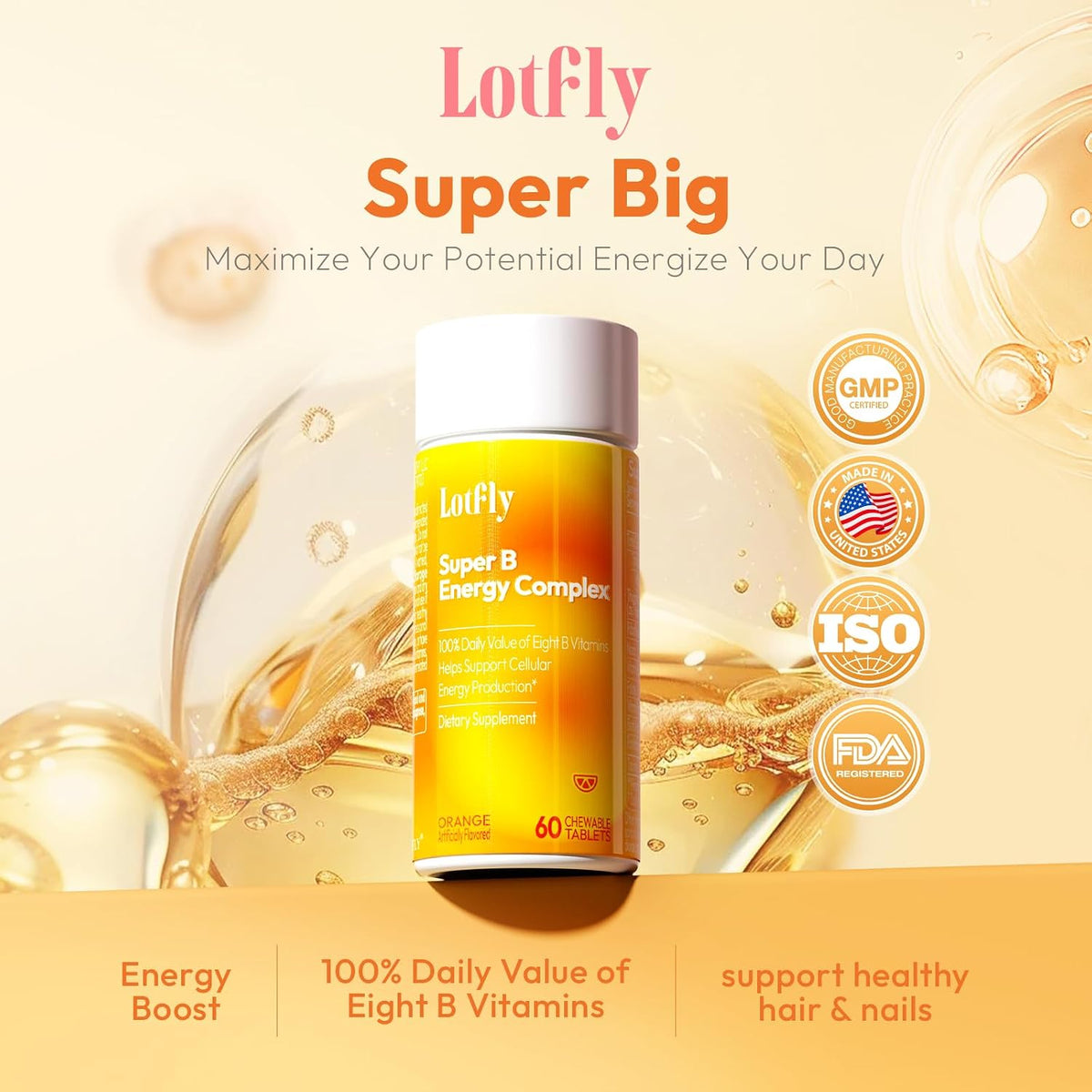 LOTFLY Vitamin B Complex – 120 Chewable Tablets with B1, B2, B3, B5, B6, B7, B9, B12 & Taurine – Image 2