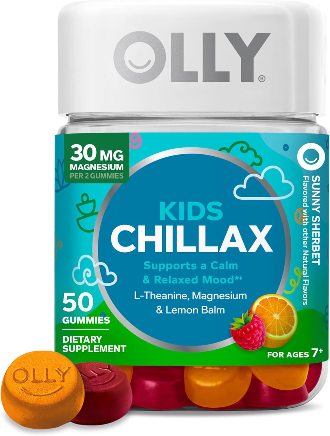 OLLY Kids Chillax Gummy - Magnesium, L-Theanine & Lemon Balm - Calm Mood Support - Sherbet Flavoured - 50 Gummies - görsel 1