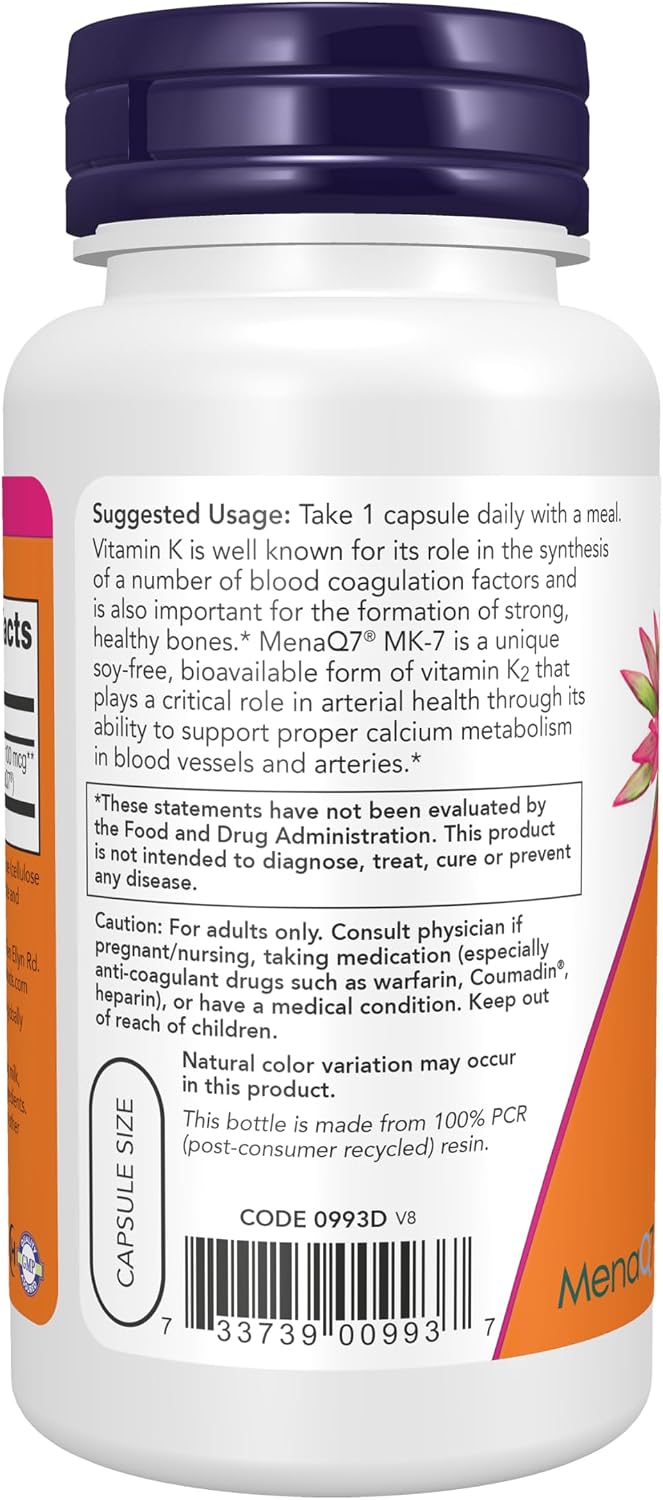 NOW Foods MK-7 Vitamin K-2 100 mcg, 120 Veg Capsules - görsel 3