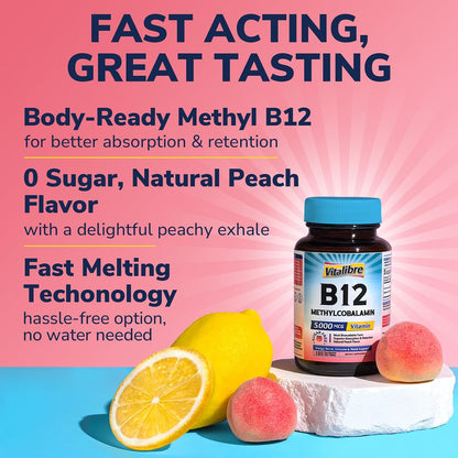 Vitalibre Vitamin B12 5000mcg Sublingual – Natural peach flavour, no sugar – Image 3
