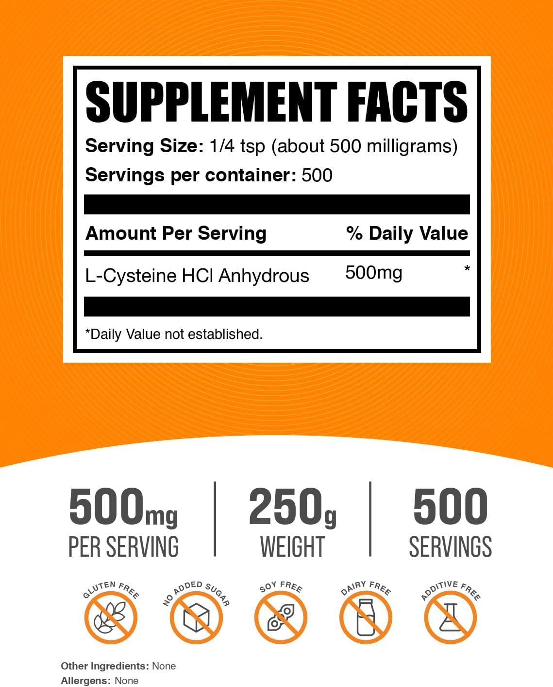 BulkSupplements.com L-Cysteine HCl Powder - Amino Acid Supplement - Gluten free, 500mg per Serve, 250g - görsel 2