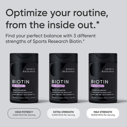 Sports Research® Biotin 5000mcg with Organic Coconut Oil - Vegan, Non-GM, 120 Softgels