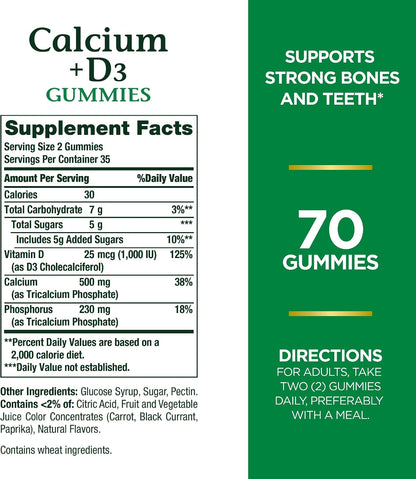 Nature's Bounty Calcium & Vitamin D Gummies, 500mg Calcium & 1000 IU Vitamin D3, Fruit Flavour, 70 Count