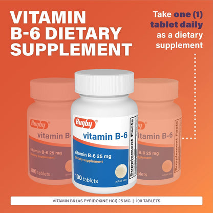 Rugby Vitamin B-6 Tablets - 25mg Vitamin B6 - Dietary Supplement - 100 Tablets