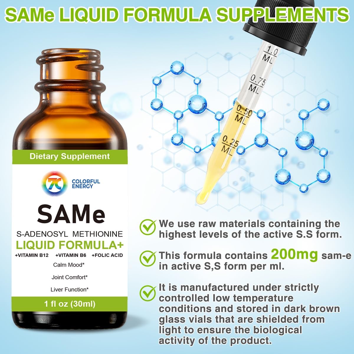 7c SAM-e Liquid Supplement - S-Adenosylmethionine with Vitamin B6 & B12, 1 fl oz (30 Servings) – Image 3