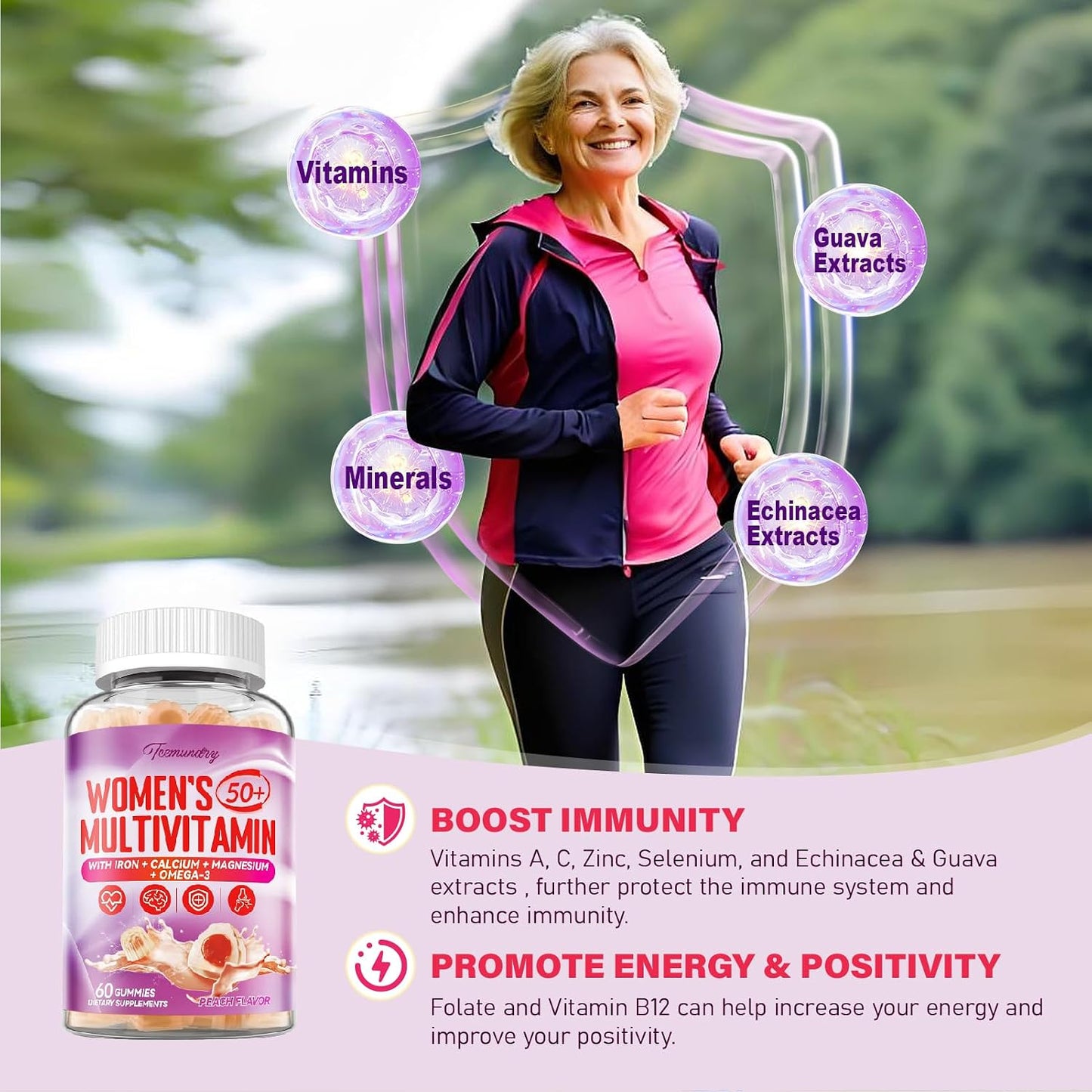 Multivitamin Gummies for Women's 50+ with Omega-3, Coenzyme Q10, Iron, Calcium, Zinc, Vitamin A, C, D3, E, K2, B Complex, Folate - Multi Vitamins & Minerals for Energy, Beauty, Immune - Pack of 2 - görsel 4