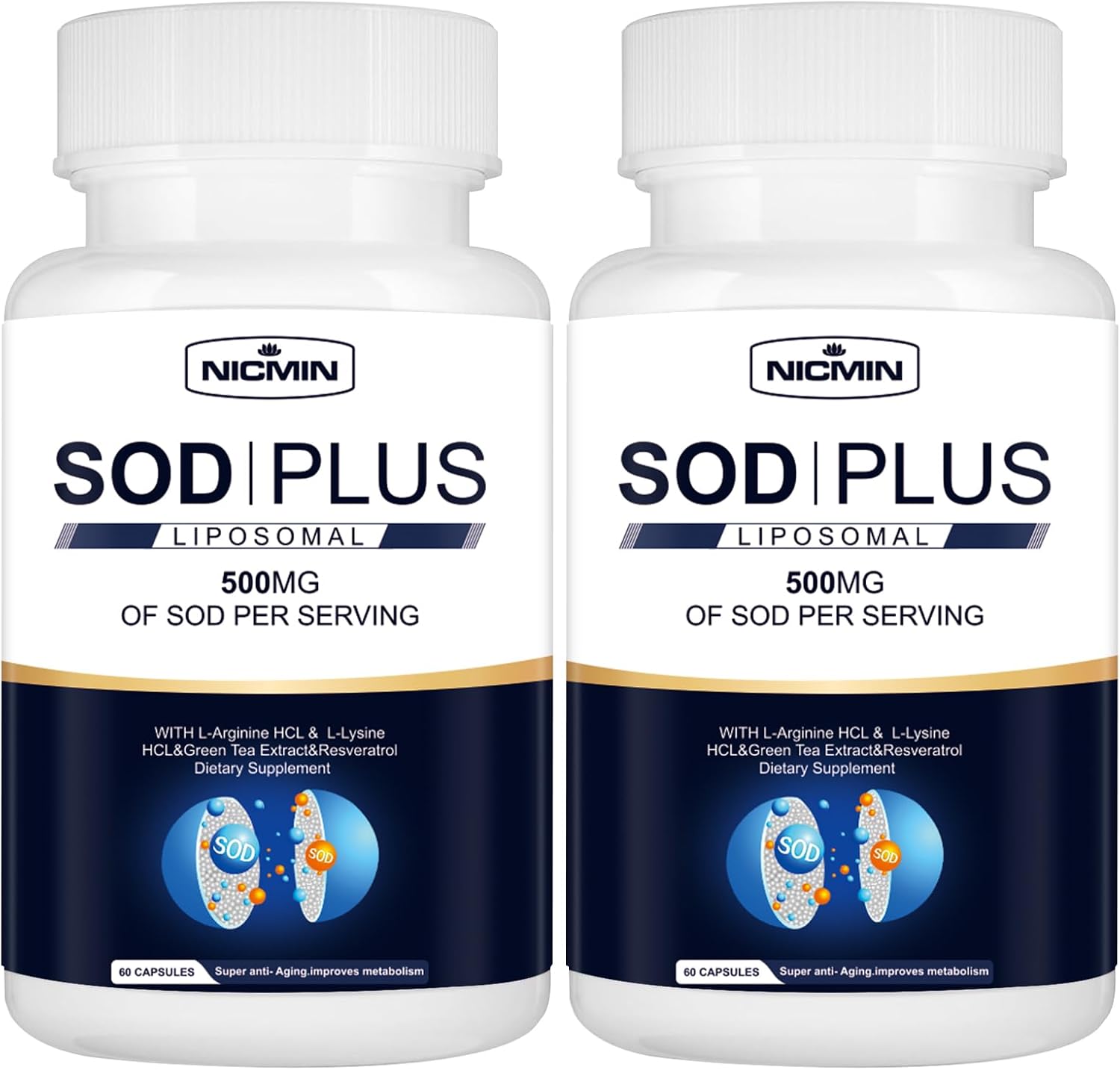 NICMIN SOD Plus 500mg – Liposomal Superoxide Dismutase with Glutathione, AKG, Green Tea Extract, L-Arginine, Lysine, Resveratrol & Vitamin E – Antioxidant Support, 120 Capsules - görsel 1