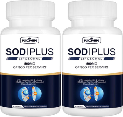NICMIN SOD Plus 500mg – Liposomal Superoxide Dismutase with Glutathione, AKG, Green Tea Extract, L-Arginine, Lysine, Resveratrol & Vitamin E – Antioxidant Support, 120 Capsules
