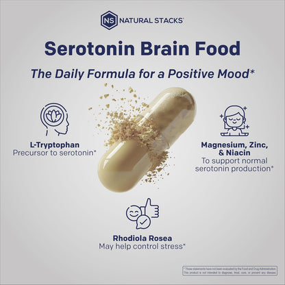 Serotonin Brain Food - 1250mg L-Tryptophan & 400mg Rhodiola Rosea Supplement - Mood Support with Magnesium Glycinate & Zinc - 60 Capsules