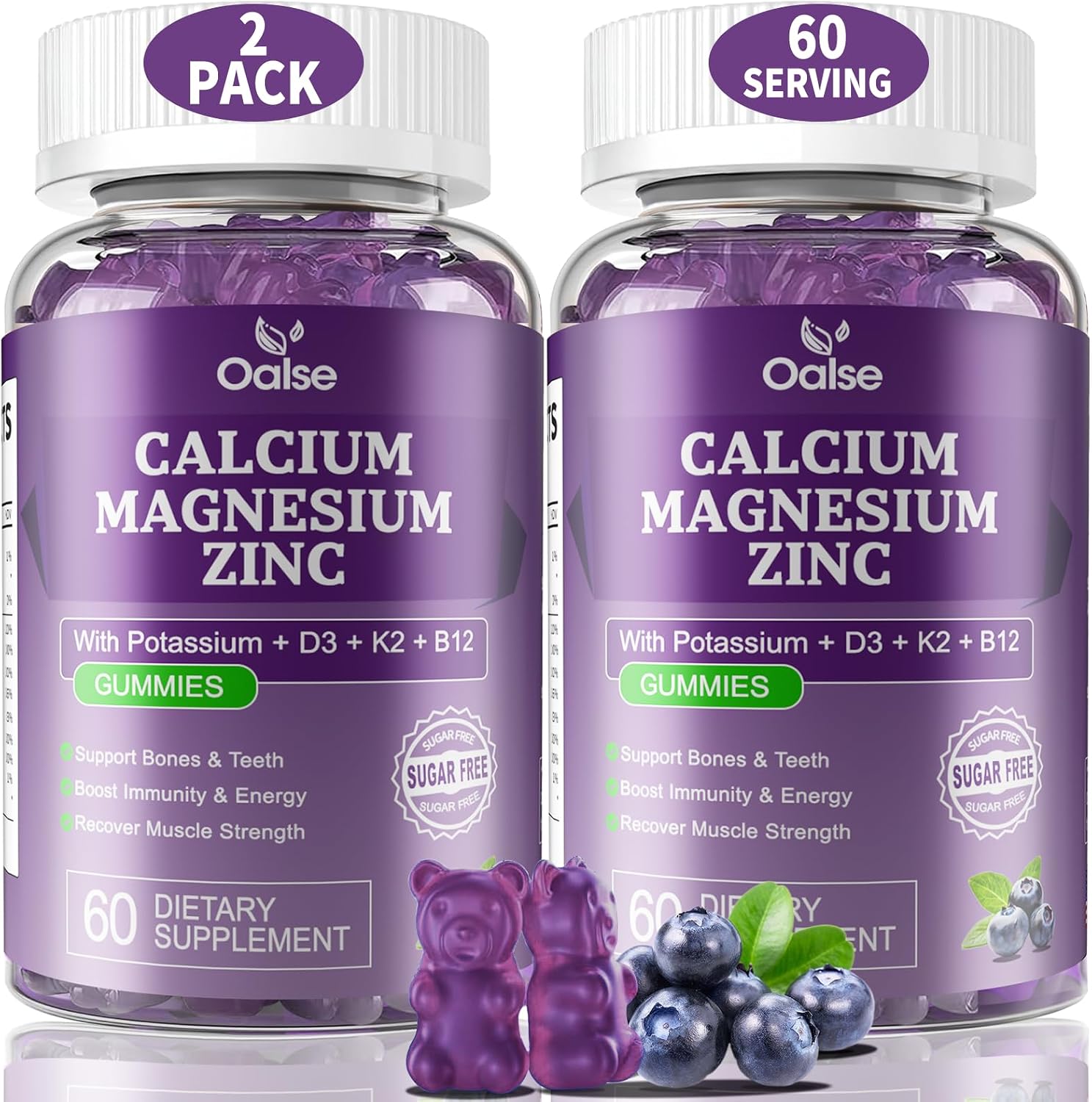 (120 Counts) Calcium Magnesium Zinc Gummies with Vitamin D3 & K2 - High Absorption Magnesium Glycinate - Muscles, Immune & Sleep Support - Sugar-free - Blueberry Flavoured - görsel 1