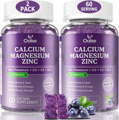 (120 Counts) Calcium Magnesium Zinc Gummies with Vitamin D3 & K2 - High Absorption Magnesium Glycinate - Muscles, Immune & Sleep Support - Sugar-free - Blueberry Flavoured