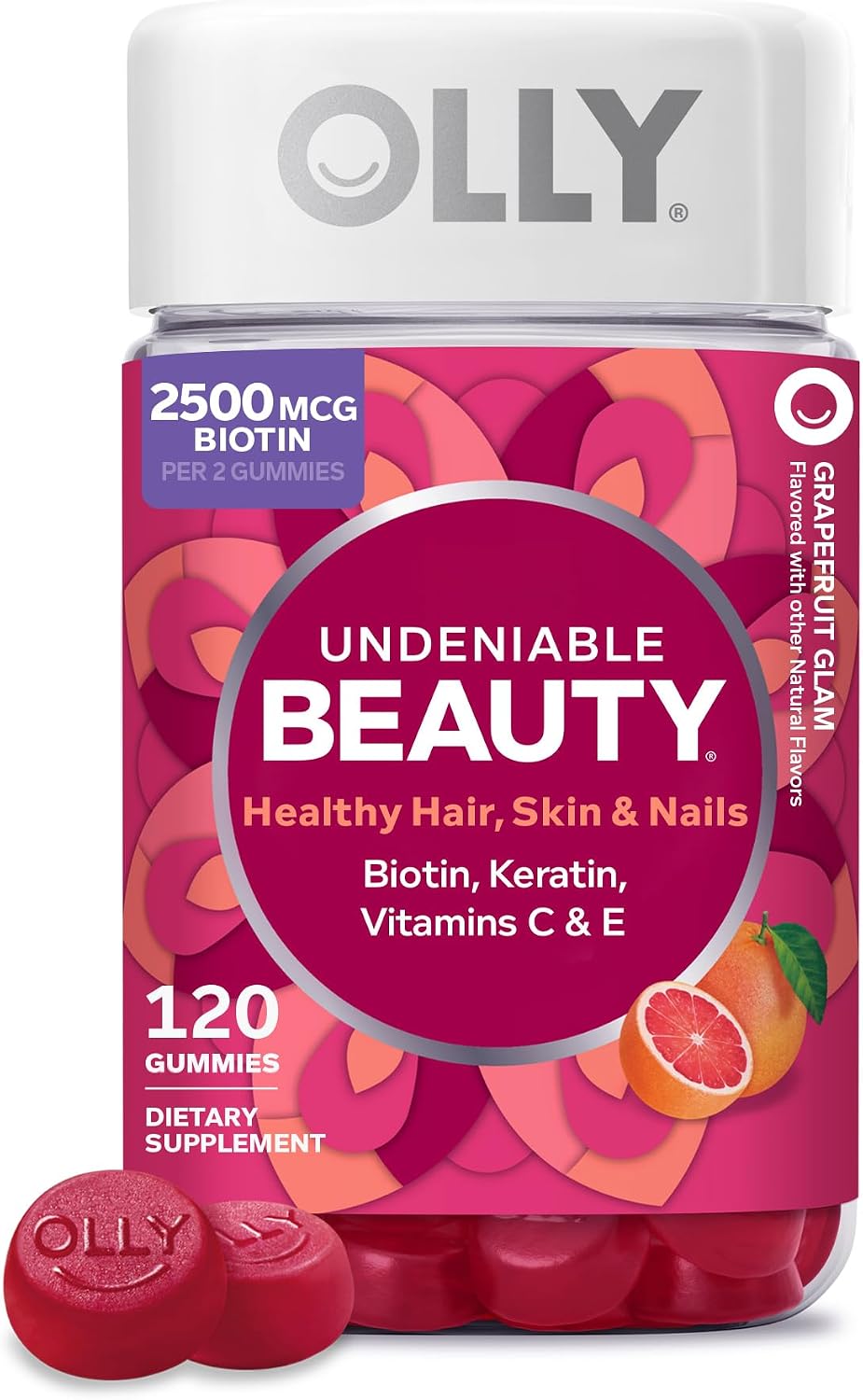 OLLY Undeniable Beauty Hair Skin and Nails Gummies with Biotin 2500mcg, Keratin & Vitamin C - Grapefruit - 120 Count - görsel 1