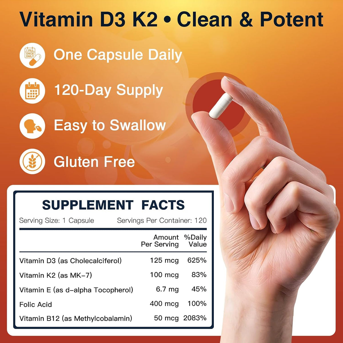 DRFOSTER Vitamin D3 & K2 Supplement - 5000 IU D3 + 100 mcg K2 (MK-7) with Vitamin E, Folic Acid & Methyl B12 - 120 Capsules – Image 2