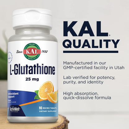 KAL L-Glutathione, Reduced Glutathione Supplement, High Absorption Antioxidant, Orange Flavour Instant Dissolve ActivMelt, Vegetarian, Lab Verified, 90 Servings, 90 Micro Tablets